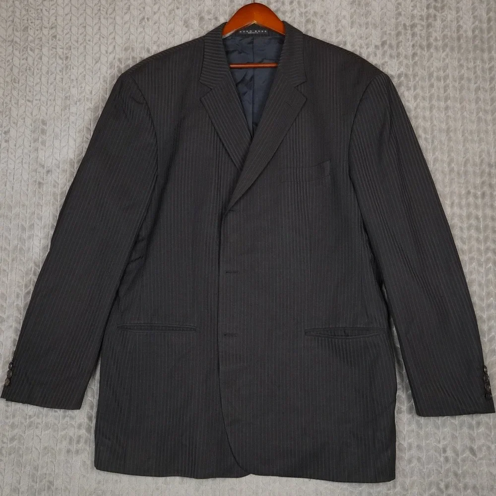 Hugo Boss Blazer Mens 50R Gray Pinstripe 3 Button Wool Suit Jacket Made In USA
